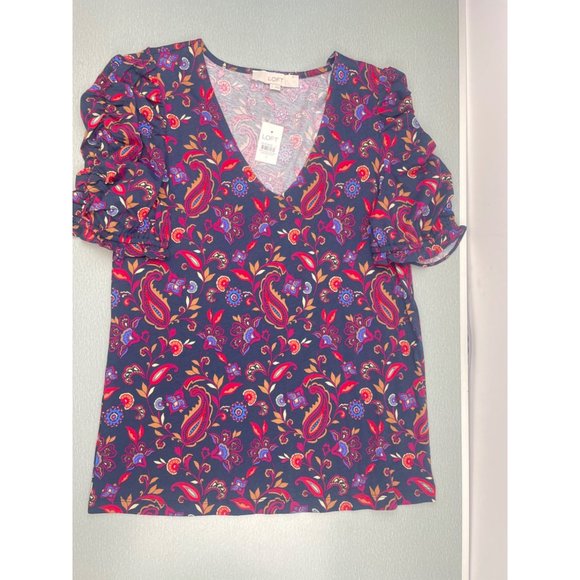 LOFT Women Paisley Ruffle Cinched Sleeve V-Neck Top Small - Picture 14 of 16